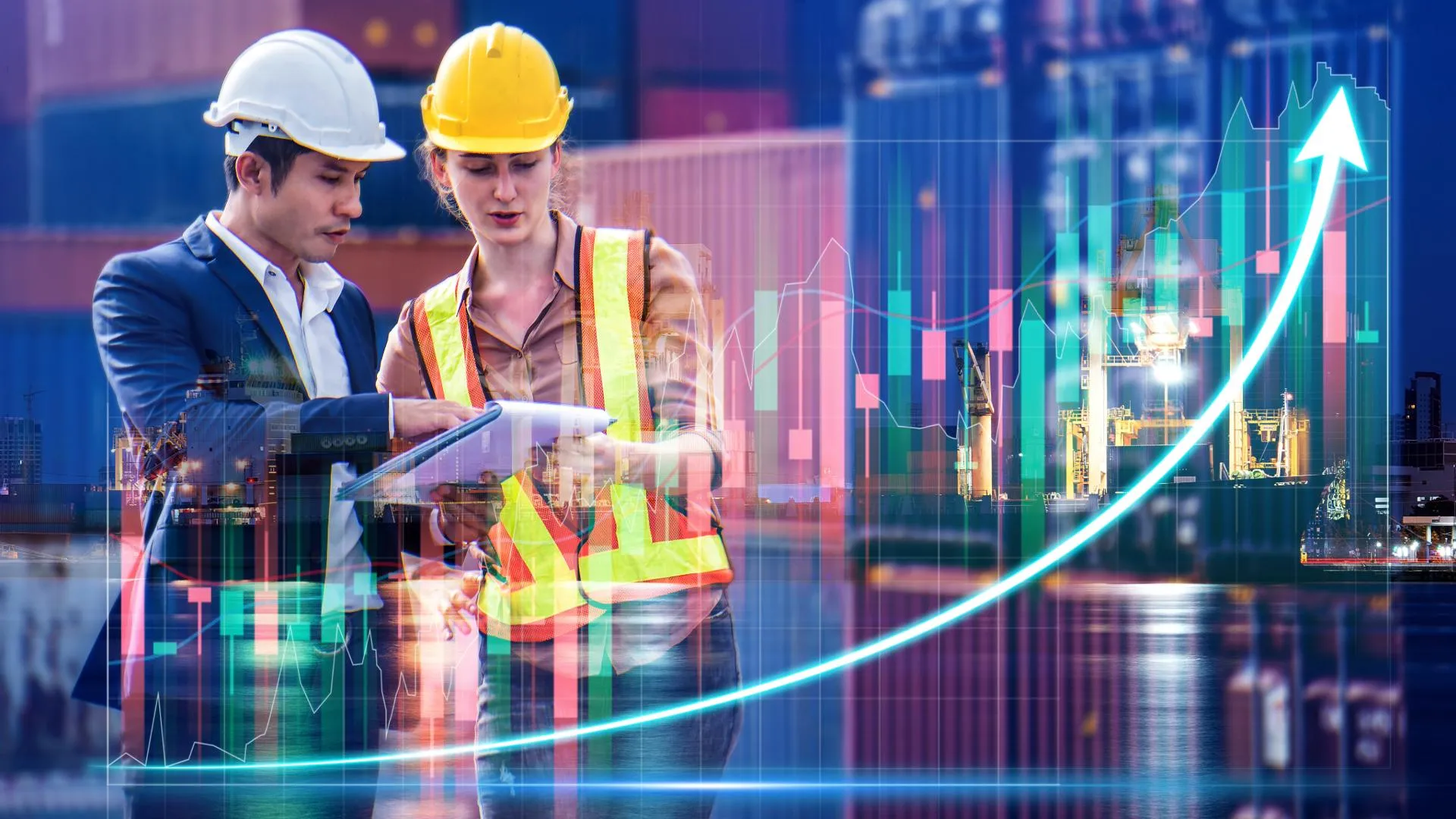Construction site with a crew reviewing plans, illustrating marketing for construction firms