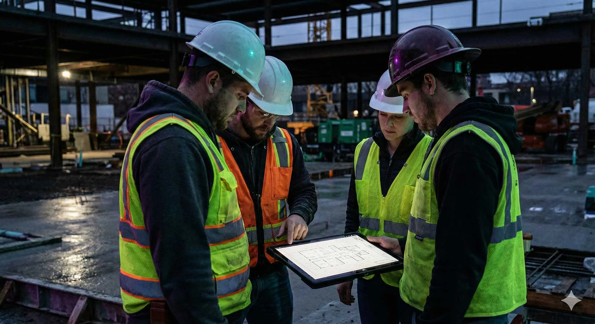 Construction crew reviewing project information on a tablet at a job site