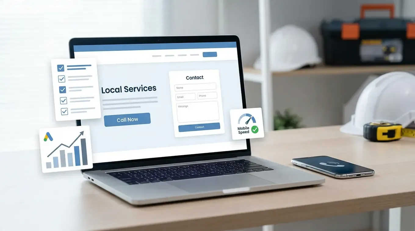 Illustration of a landing page being reviewed against a conversion checklist