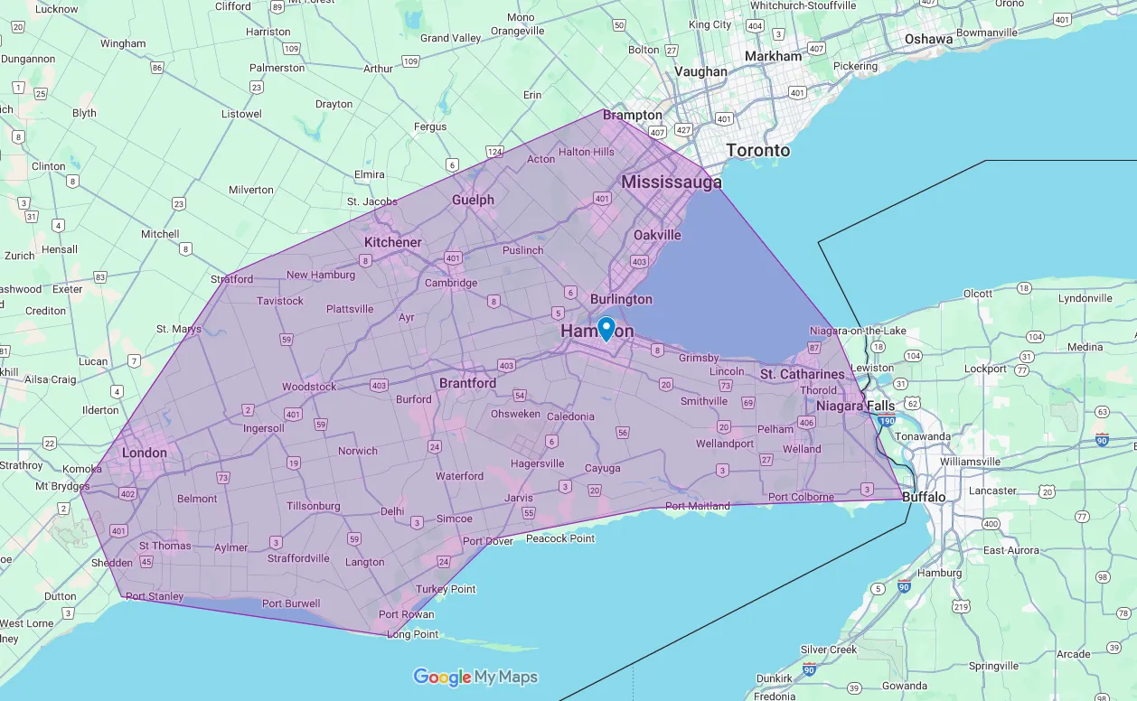 Map of the Golden Horseshoe service area covered from Hamilton, Ontario